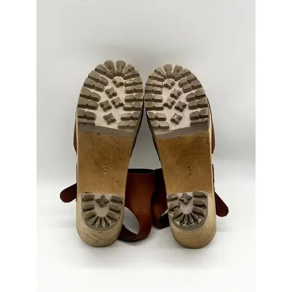 Freja Clogs Women Size 6.5 Cinnamon Brown Leather Sweden Wood Rubber Base Mules - Picture 5 of 6